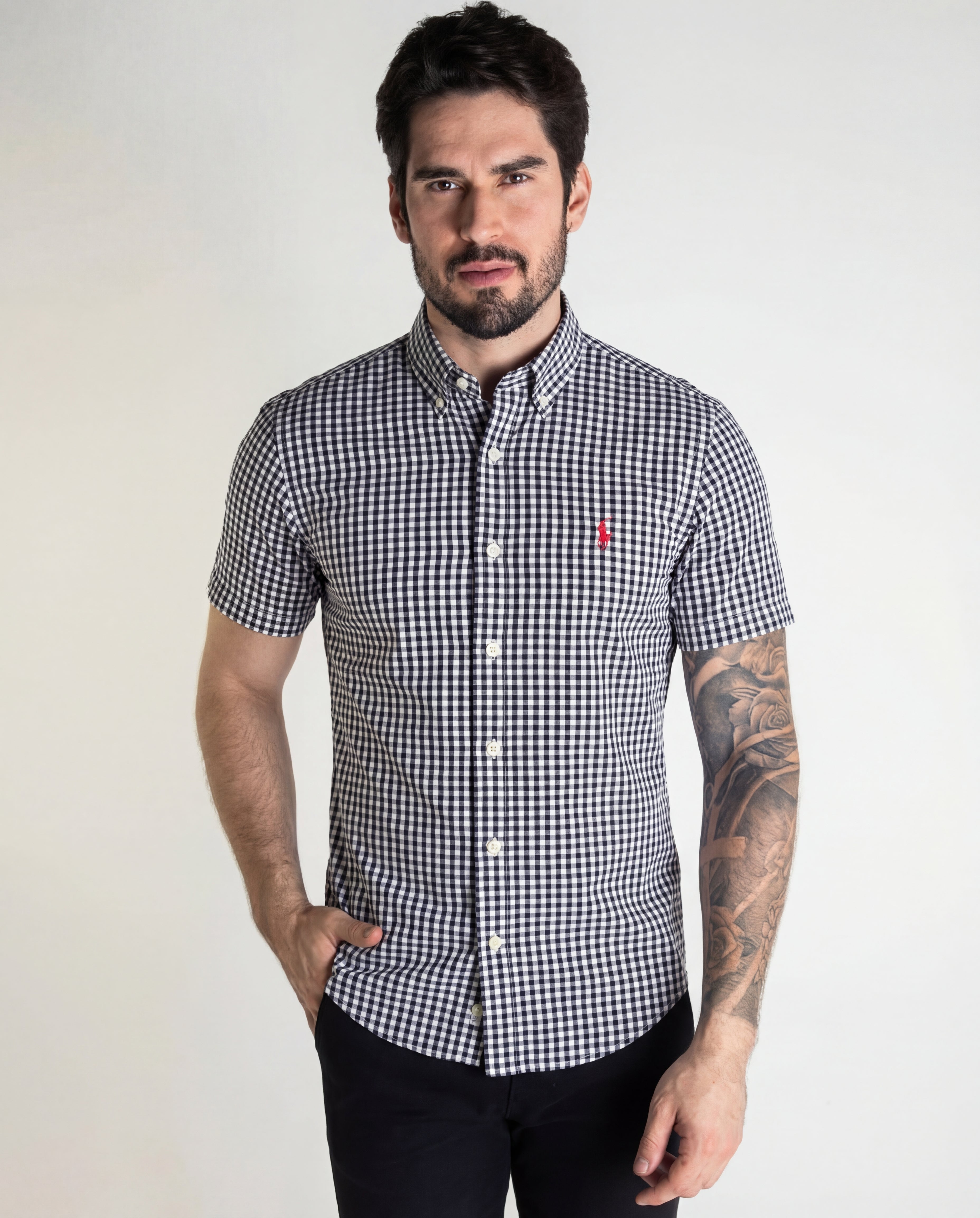 Camisa Hombre Negra A Cuadros Manga Corta