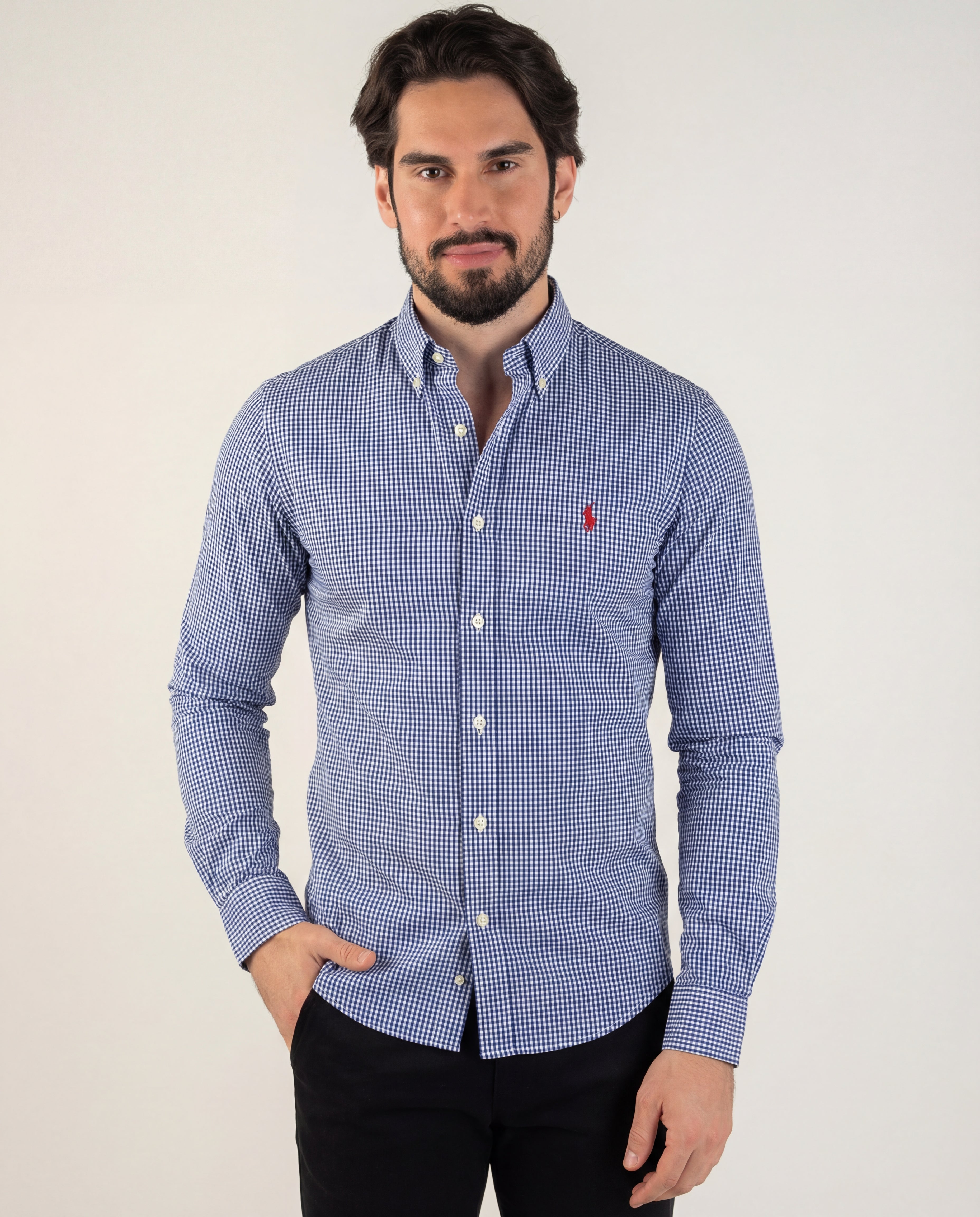 Camisa Hombre Micro Cuadros Azul Oscuro