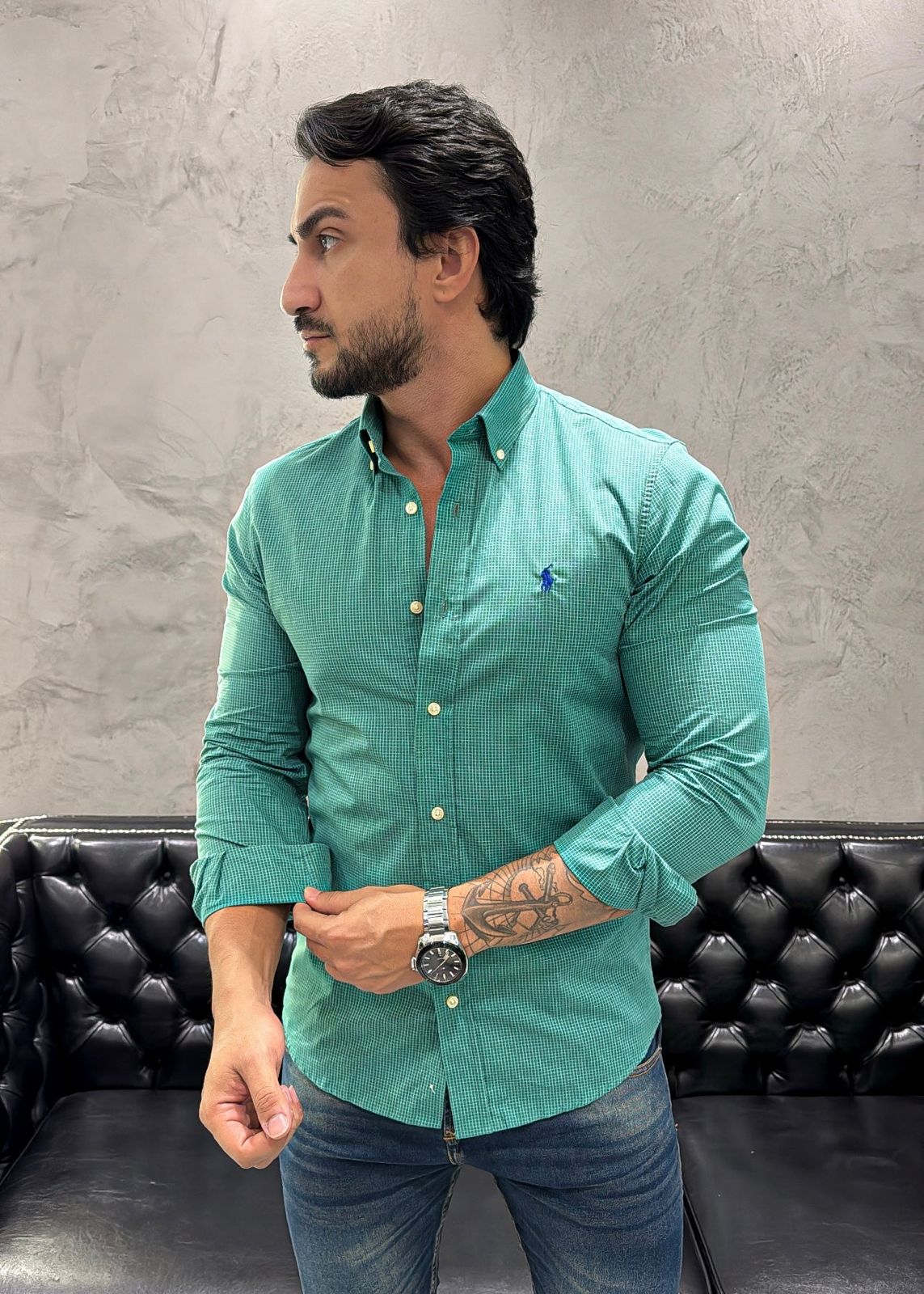 Camisa Hombre Verde Micro Cuadros