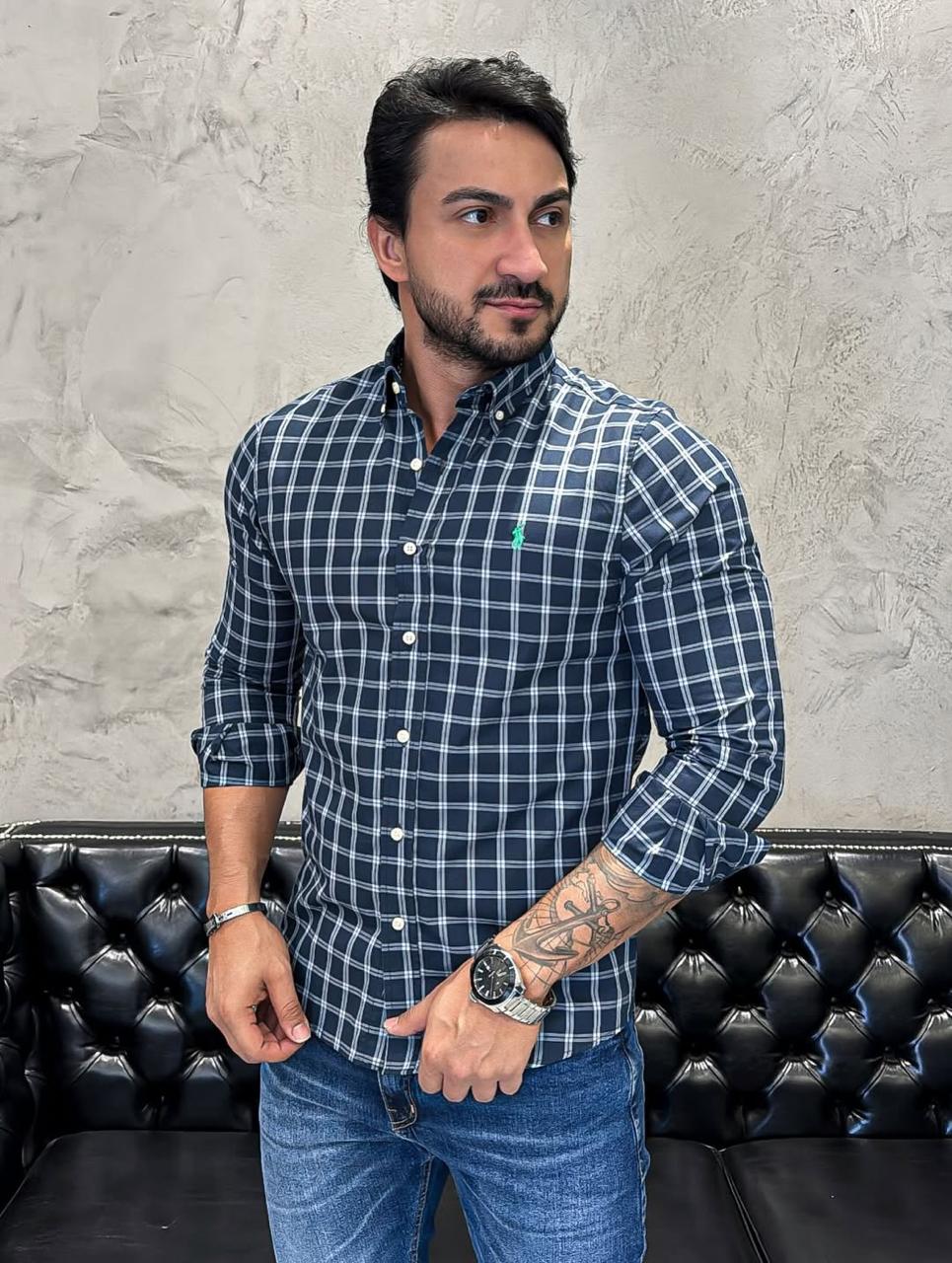 Camisa Hombre Oscuro cuadros combinados