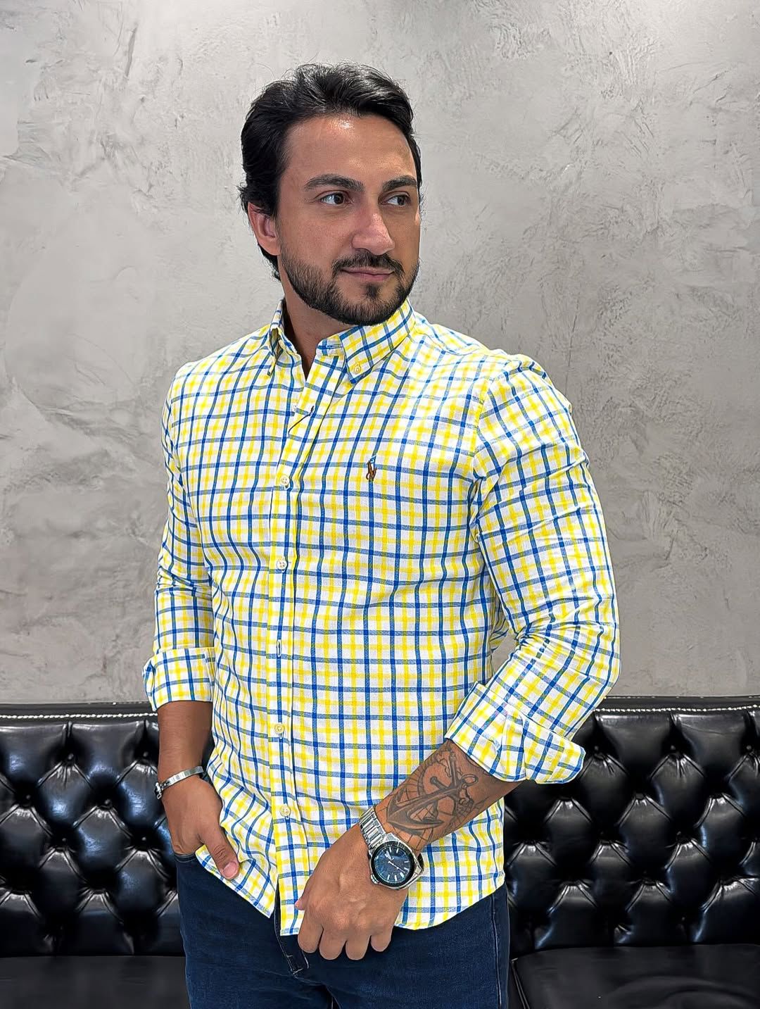 Camisa Hombre Amarilla a Cuadros Combinados