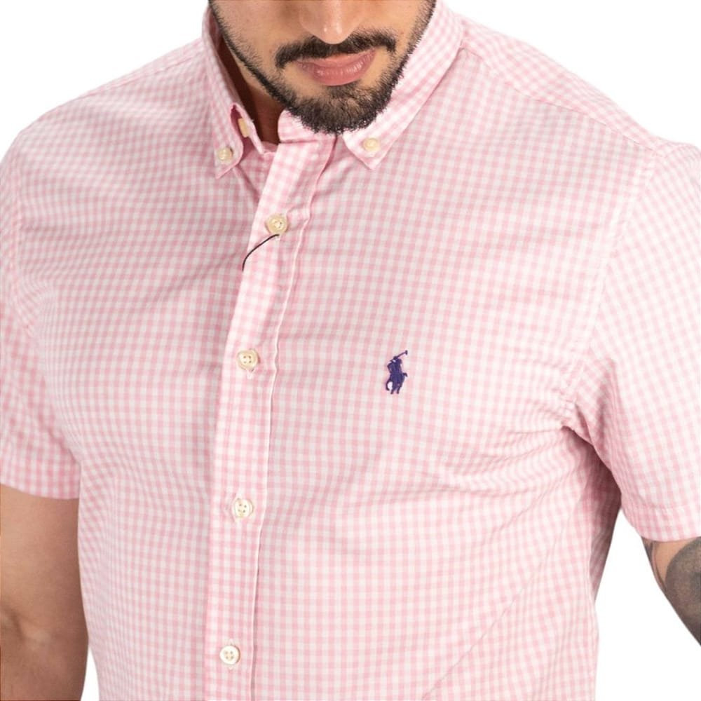 Camisa Hombre Rosada A Cuadros Manga Corta