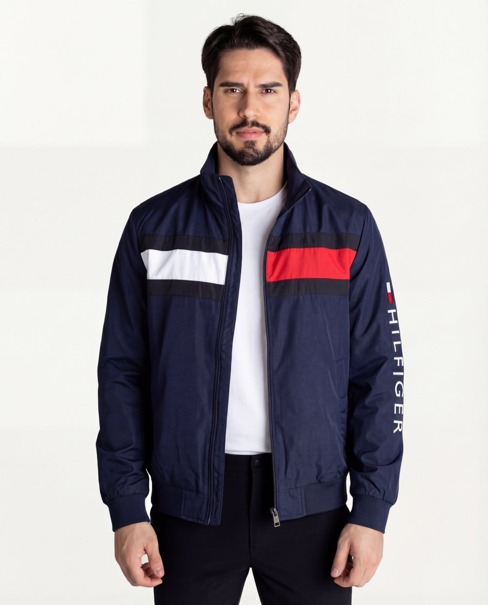 Chaqueta Cortavientos Hombre Azul Oscuro Franjas Rojas - Norva Select