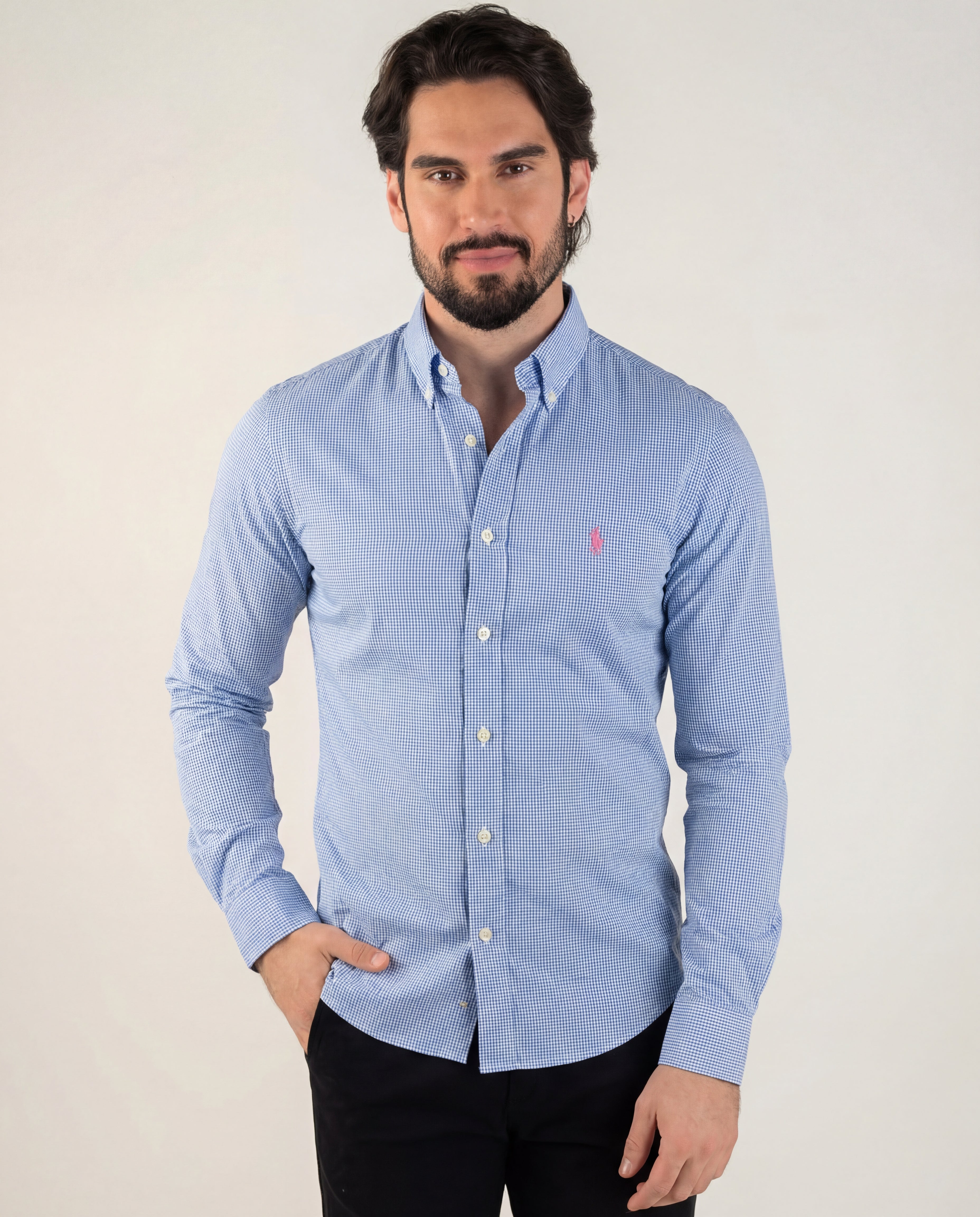 Camisa Hombre Micro Cuadros Azul