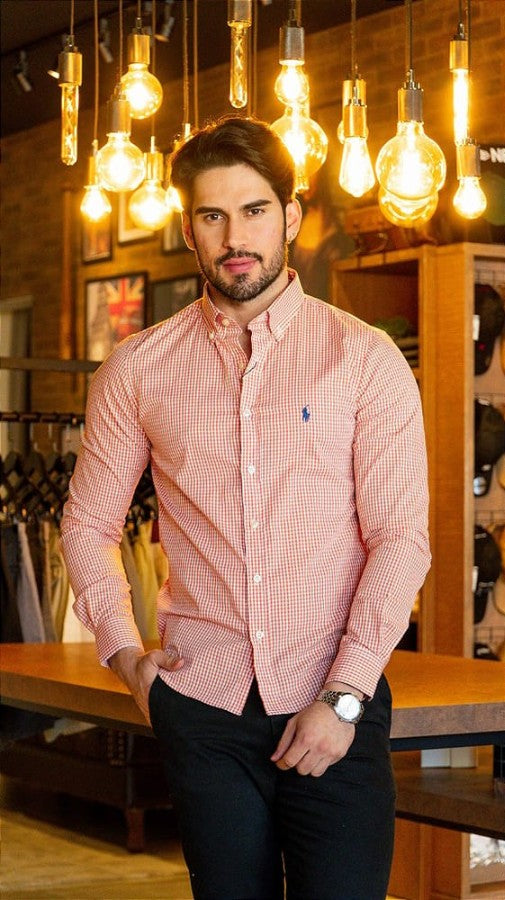 Camisa Hombre Naranja a Cuadros Clasica