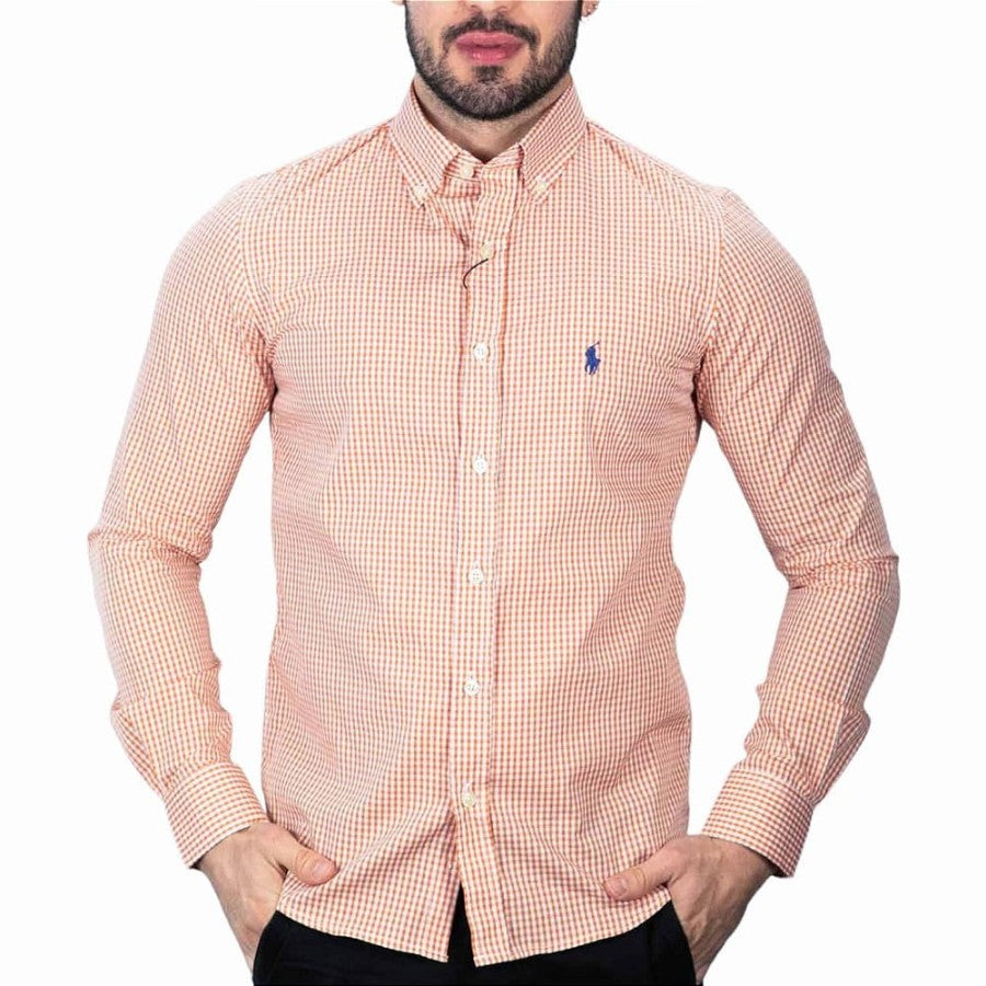 Camisa Hombre Naranja a Cuadros Clasica