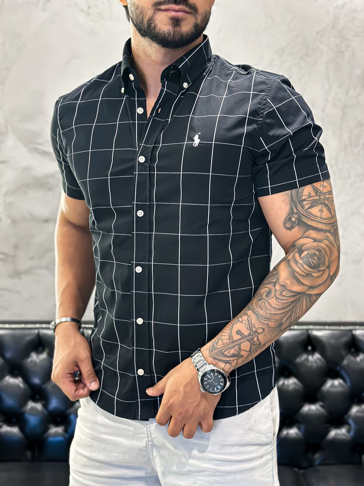 Camisa Hombre Negra a Cuadros grandes manga corta