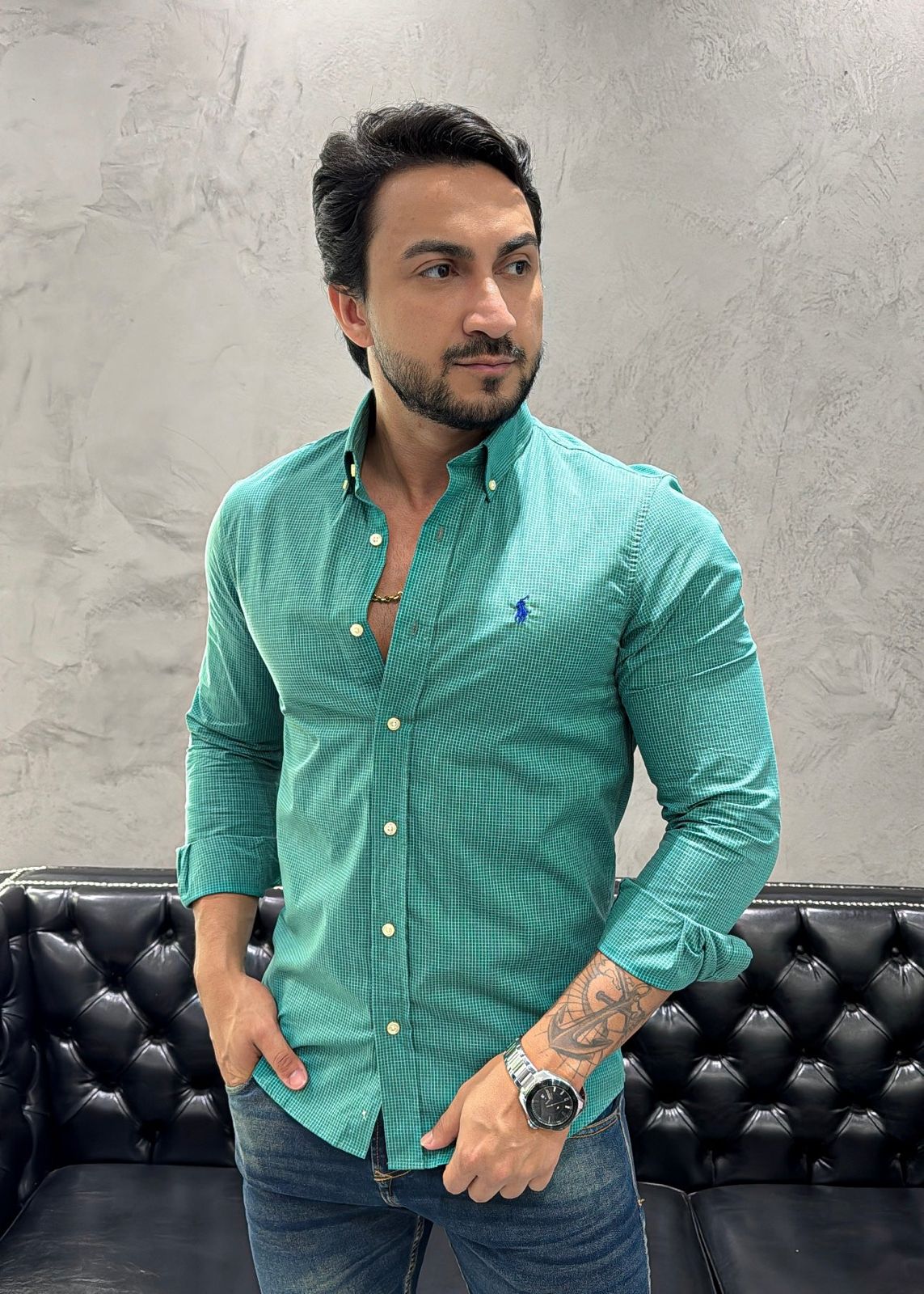 Camisa Hombre Verde Micro Cuadros