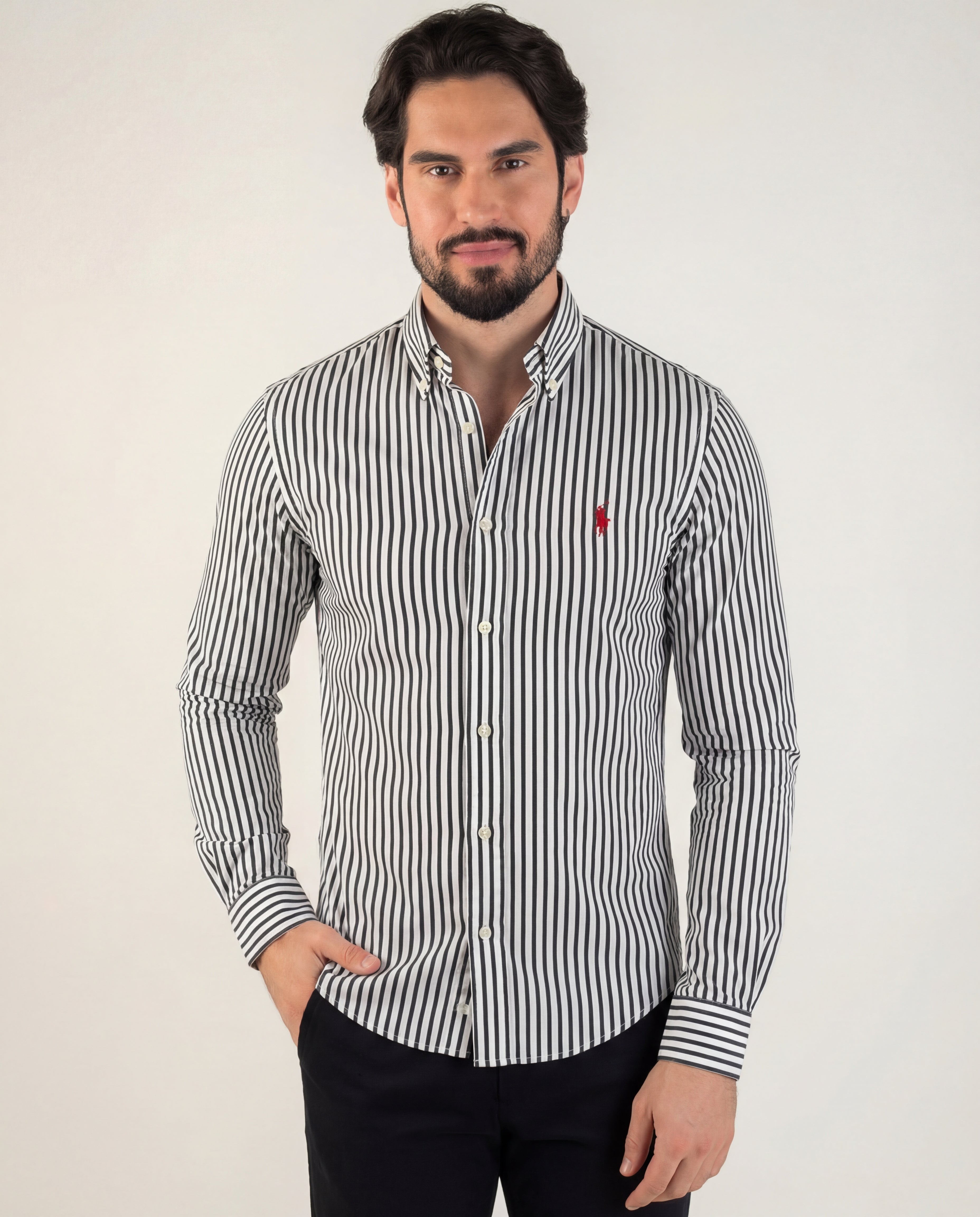 Camisa Hombre Rayas Negras Delgadas