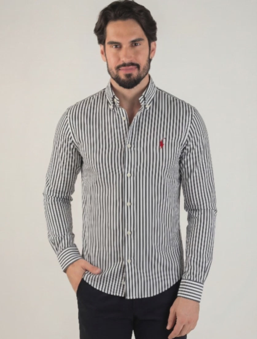 Cargar video: Camisa Hombre Rayas Negras Delgadas
