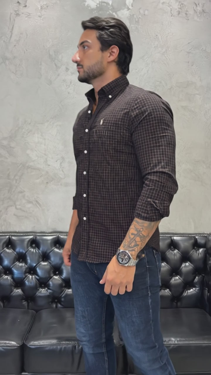 Cargar video: Camisa Hombre Marron a Cuadros Combinados