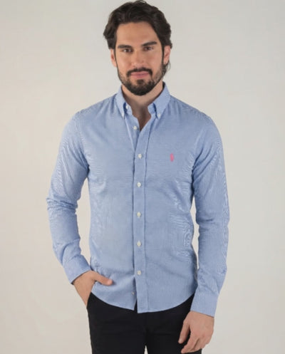 Camisa Hombre Micro Cuadros Azul