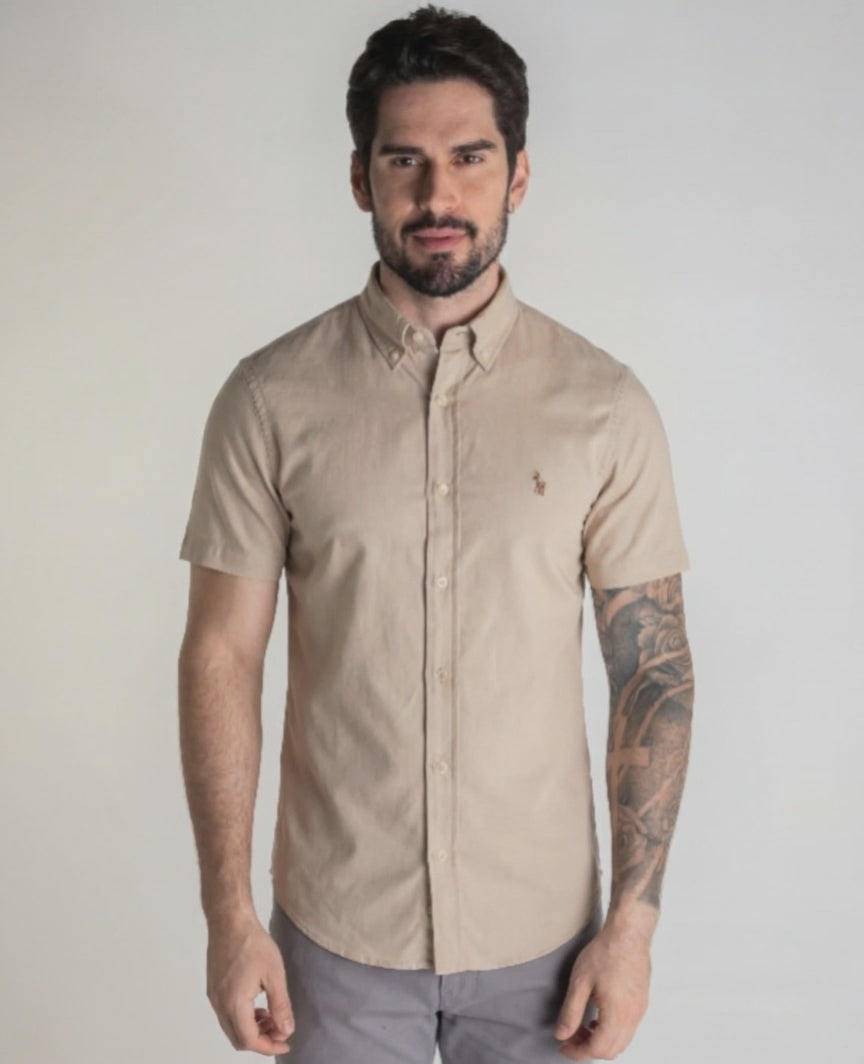 Cargar video: Camisa Hombre Beige Manga Corta Rain