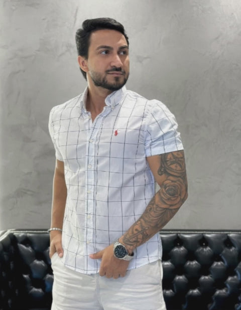 Cargar video: Camisa Hombre Blanca a Cuadros grandes manga corta