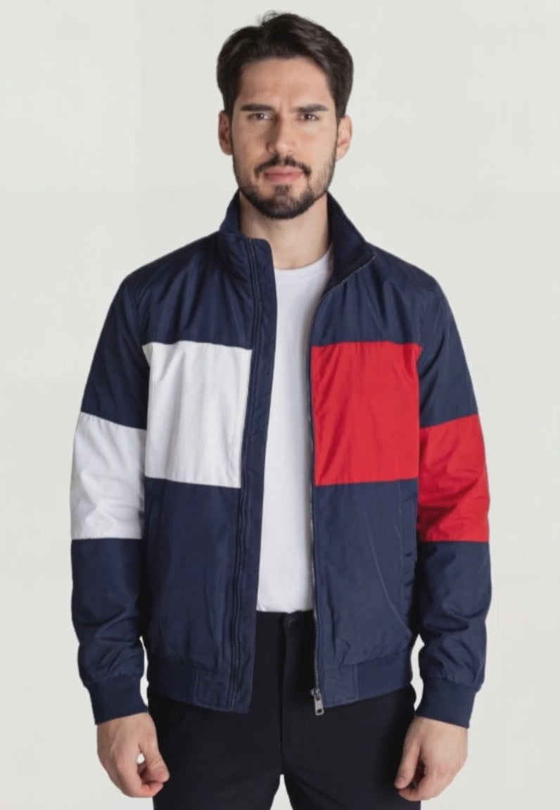 Cargar video: Chaqueta Cortavientos Hombre Azul Oscuro Franjas Gruesas