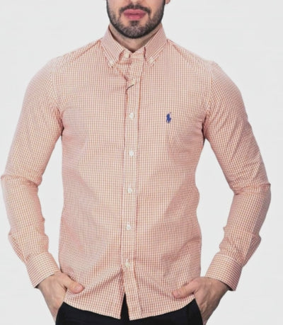 Camisa Hombre Naranja a Cuadros Clasica