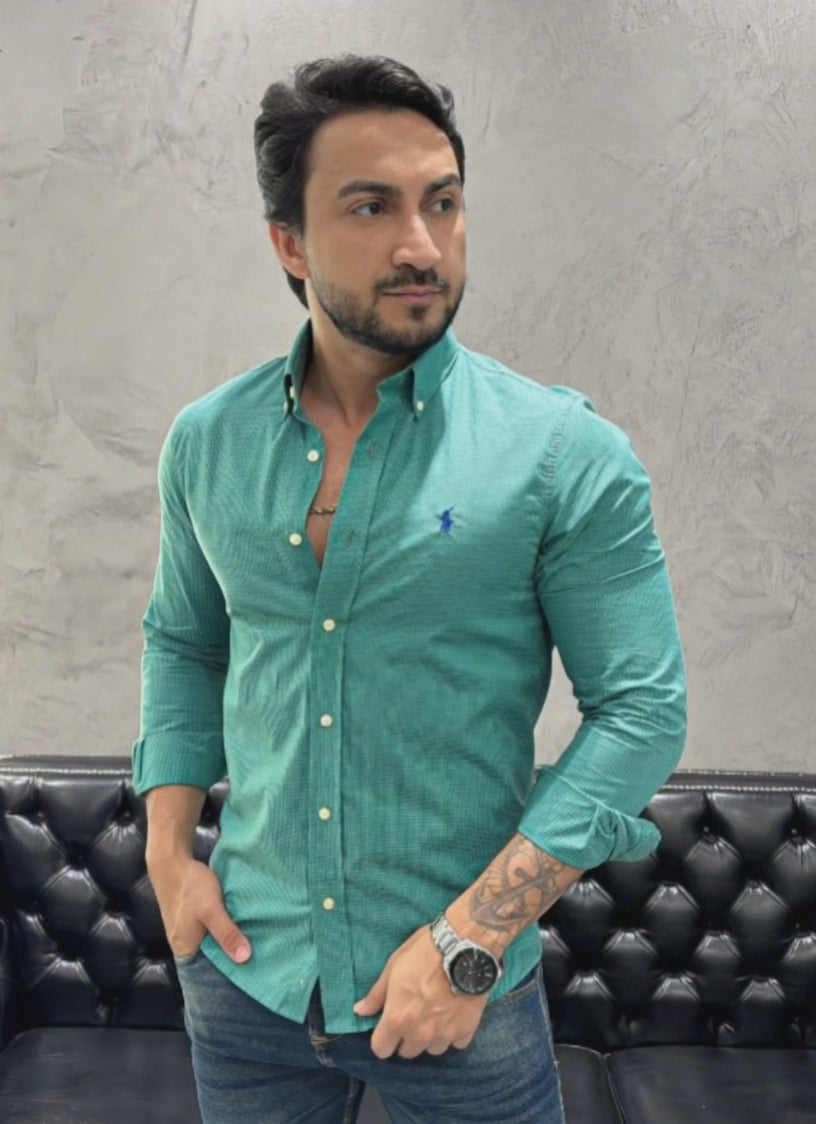 Cargar video: Camisa Hombre Verde Micro Cuadros