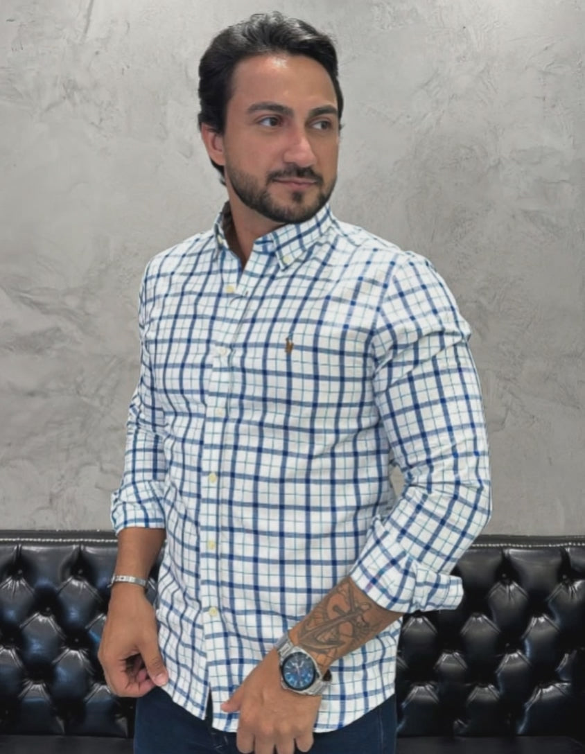 Cargar video: Camisa Hombre Blanca a Cuadros Combinados