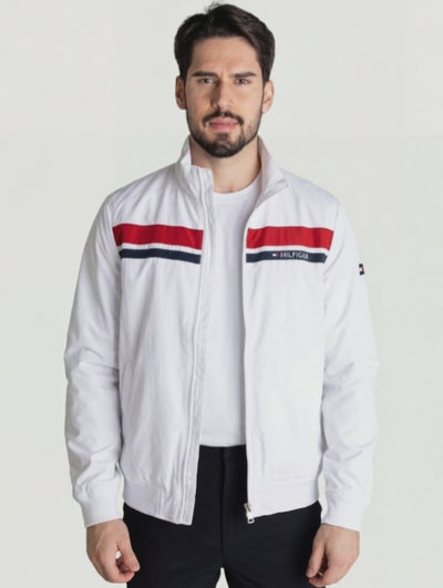Chaqueta Cortavientos Hombre Blanca Franjas Rojas