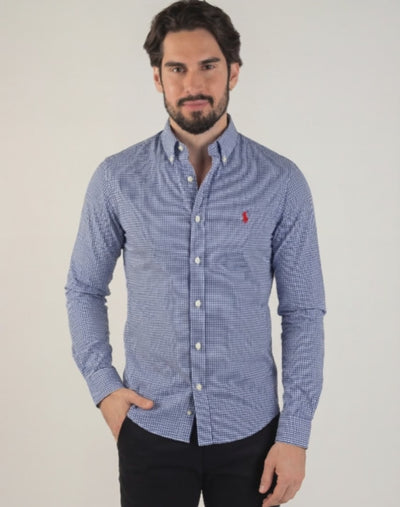 Camisa Hombre Micro Cuadros Azul Oscuro